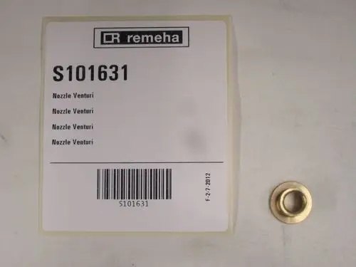 Remeha Drosselscheibe auf einer Verpackung mit Artikelnummer S101631 und fünfmaliger Nennung des Begriffs „Nozzle Venturi“.